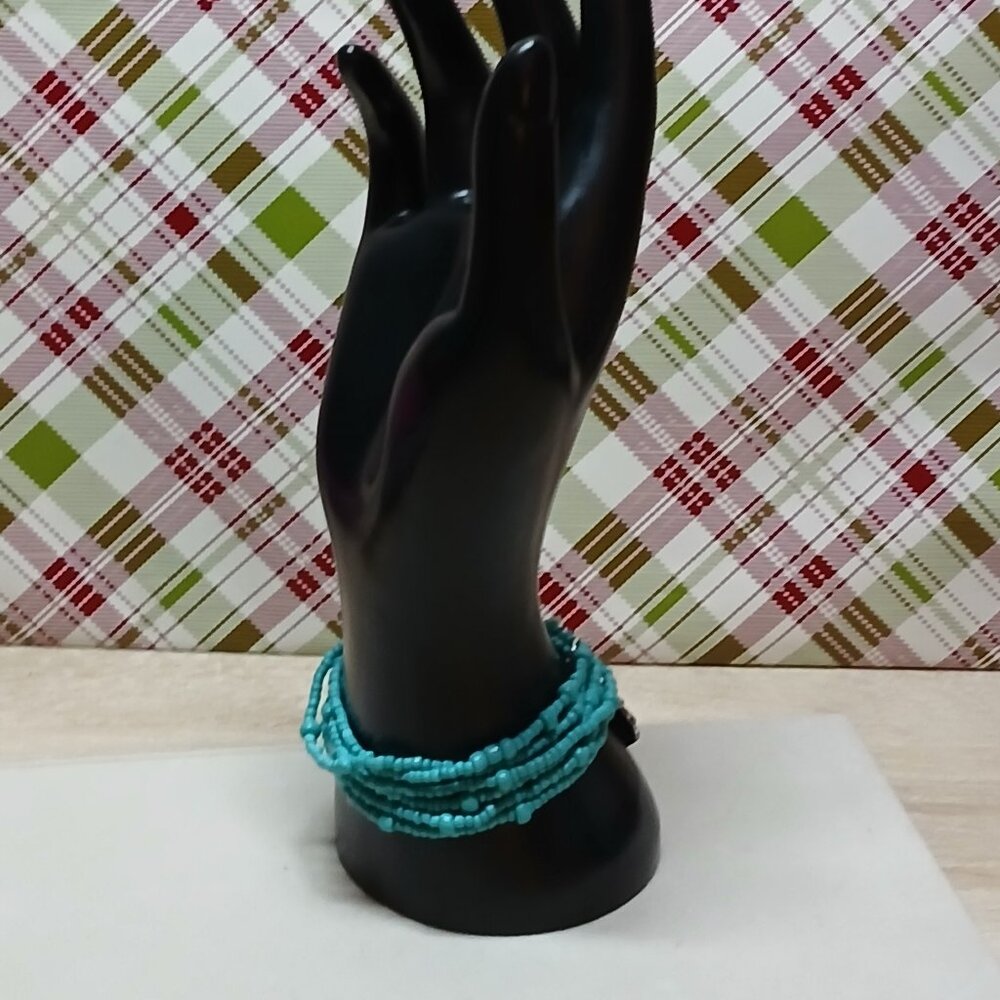 Handmade Turquoise Tone Beaded Bracelet w/ Sunflower Pendant Fashion Jewelry #48 - Picture 5 of 8